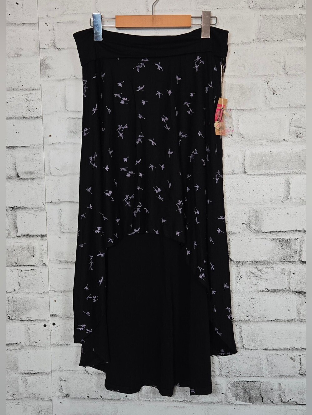 Vintage Ardene High Low Midi Skirt Black Bird Print Size L
